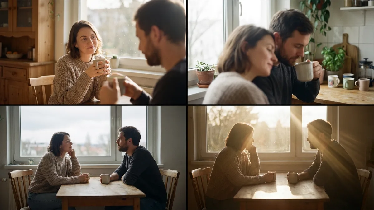 A couple on a sofa, one reading while the other rests their head on a shoulder, soft afternoon light through the window