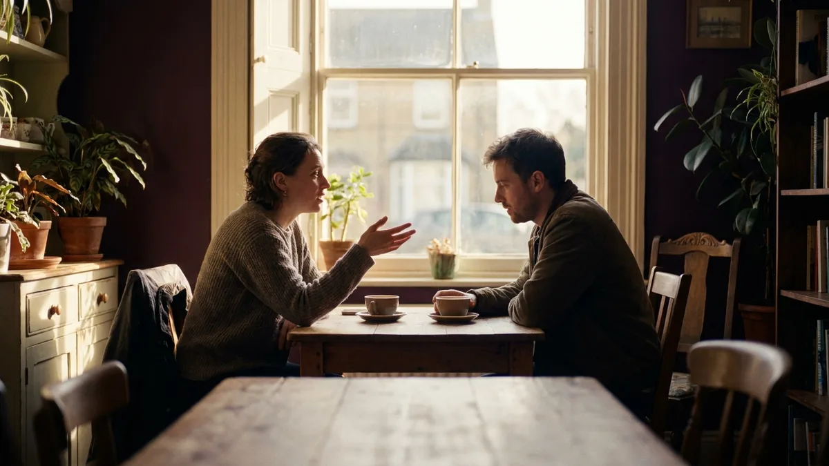 Couple at a table with coffee cups, one speaking earnestly while the other listens, faces in profile, bright daylight through windows