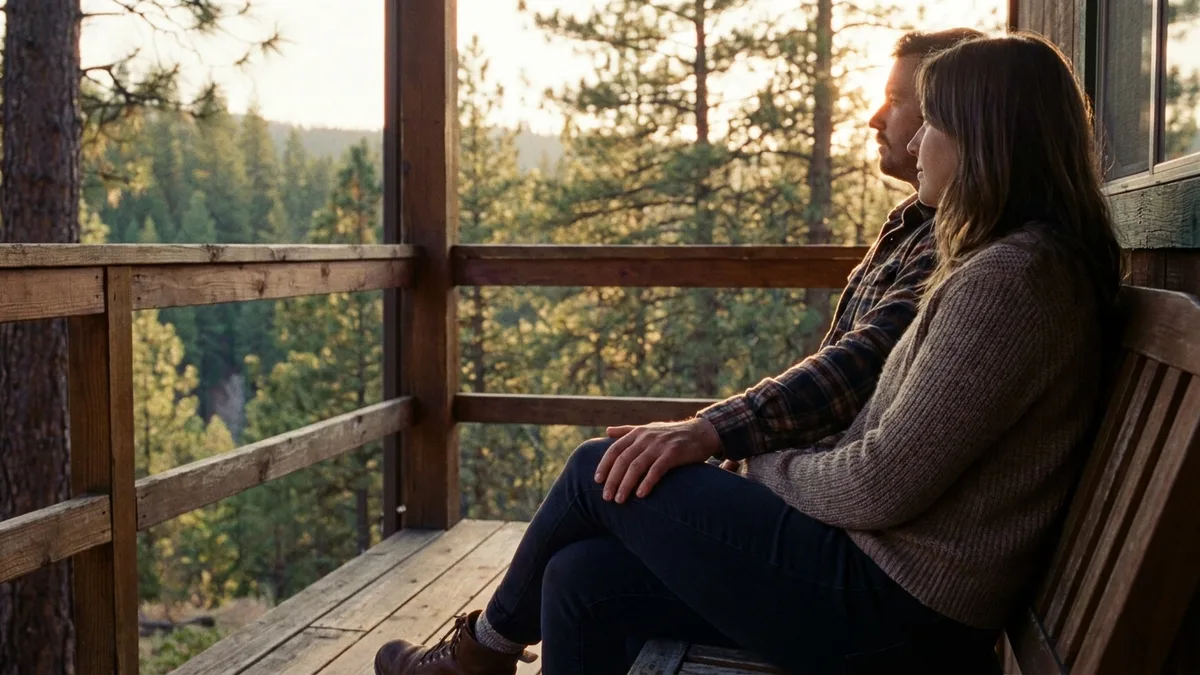 A couple on a cabin porch in late afternoon light, sitting close together looking out over pine trees, faces in profile