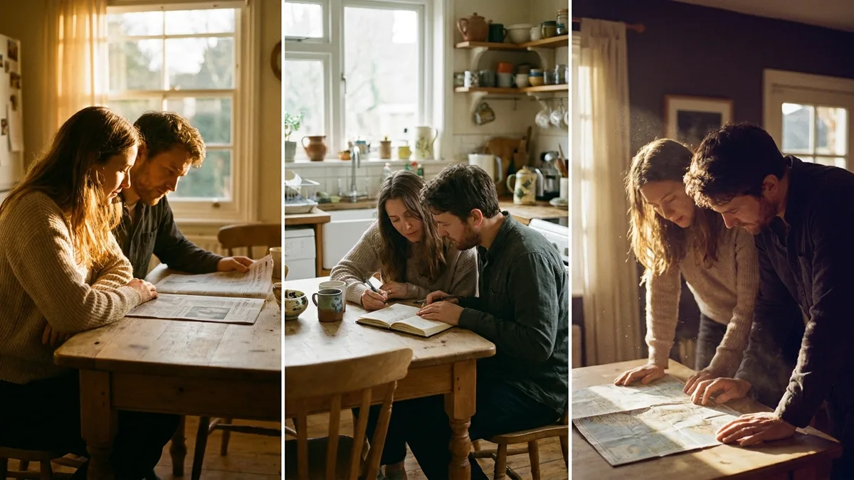 Couple at a kitchen table on a bright morning, heads tilted toward each other in quiet conversation, warm natural light