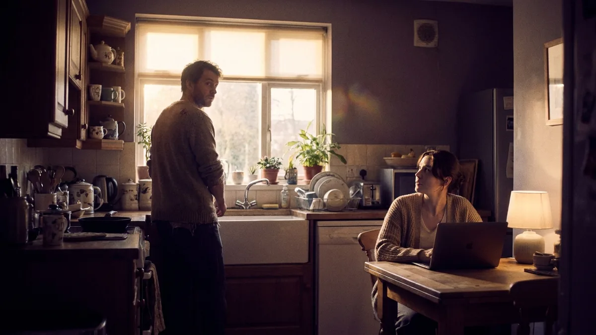 A man at the kitchen sink, a woman at the table on a laptop, each glancing toward the other, warm morning light through the window