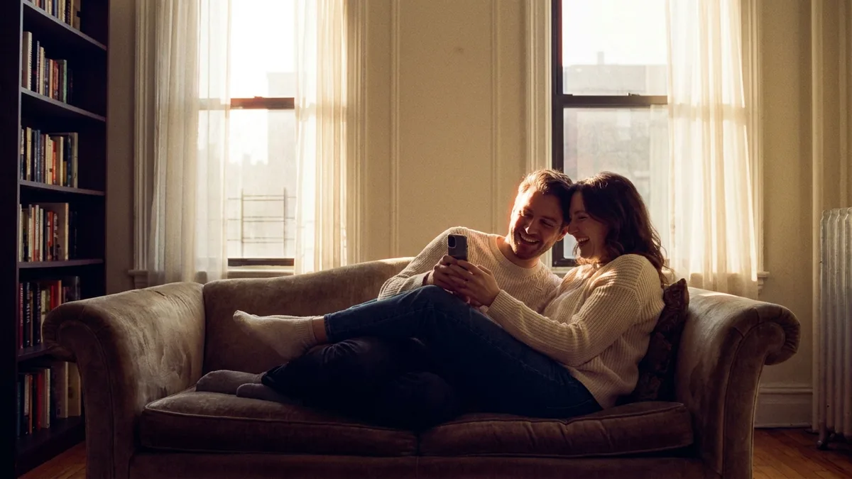 Couple laughing together on a couch while looking at a phone, warm golden light through tall windows