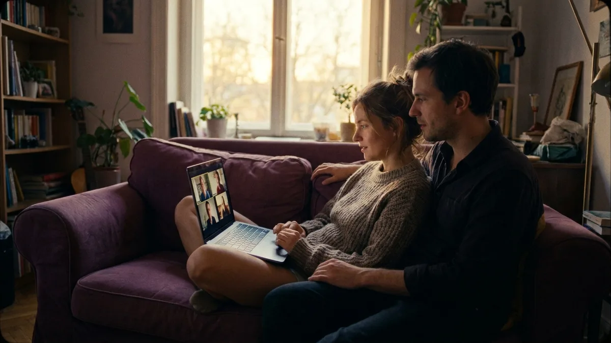A couple on a purple sofa together, laptop open showing a video call, warm golden light from a window, candid and intimate