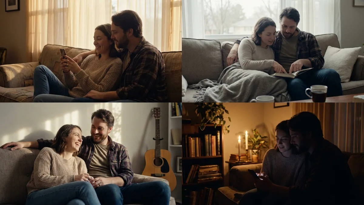 A couple on the sofa, one partner showing the other something on their phone, warm afternoon light, relaxed and close