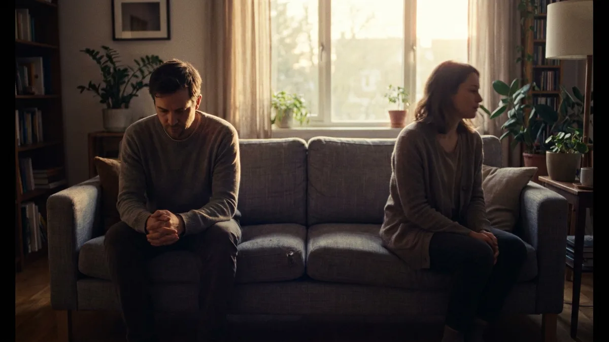 Couple sitting apart on a sofa in afternoon light, man's hands clasped looking down, woman turned away toward the window