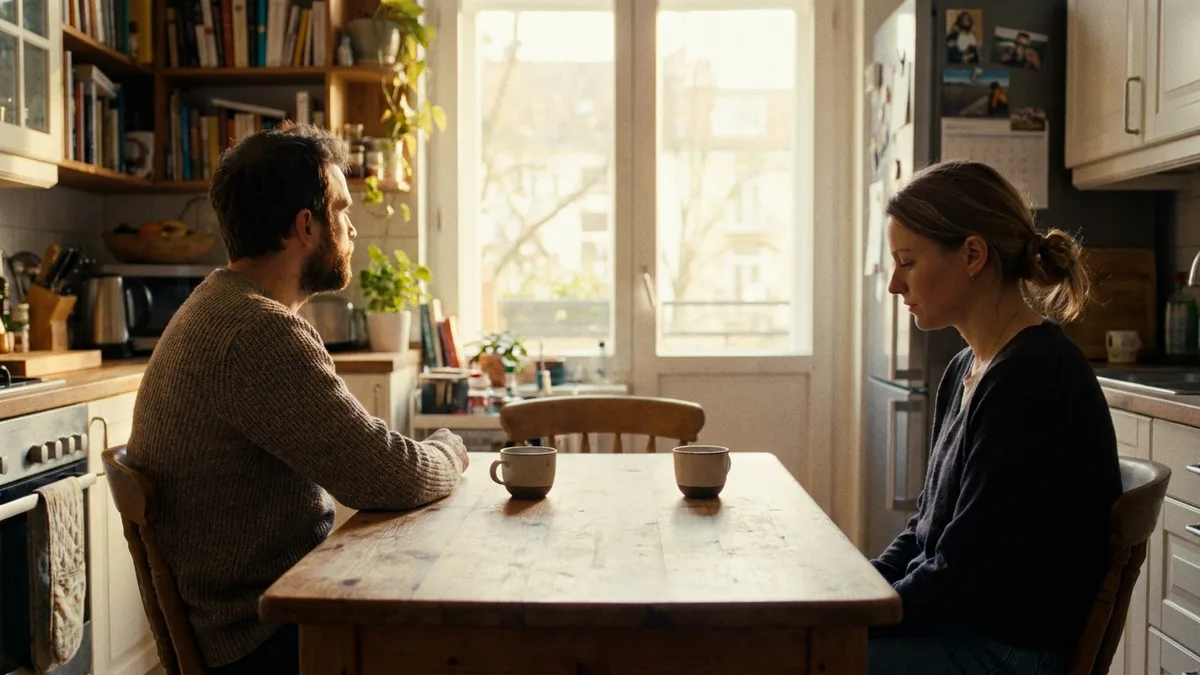 A couple at a kitchen table in silence, both turned away, two cups between them, warm afternoon light through the window