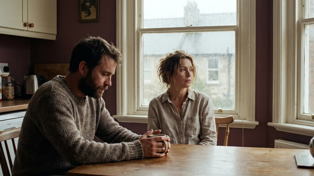 Couple at a kitchen table on a rainy morning, one looking down at a coffee mug, the other gazing out the window